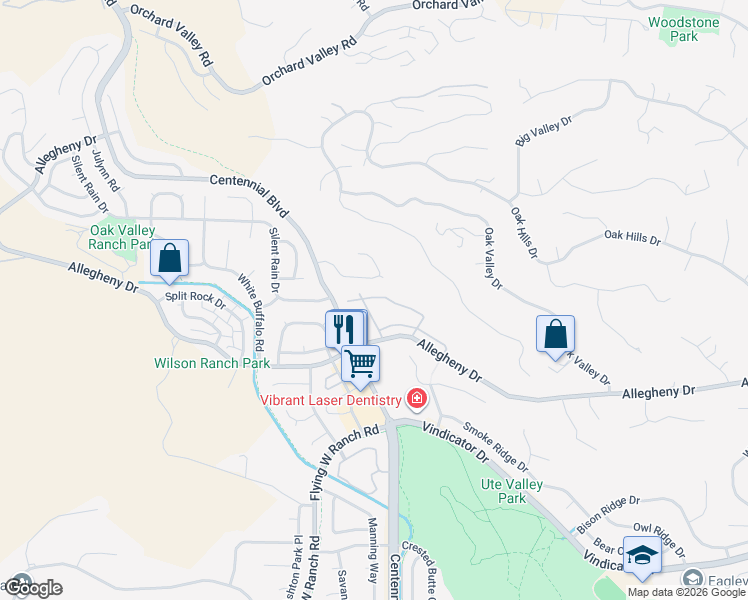map of restaurants, bars, coffee shops, grocery stores, and more near 2163 Austrian Way in Colorado Springs
