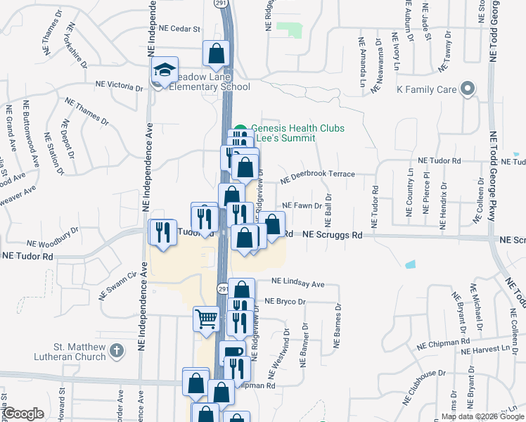 map of restaurants, bars, coffee shops, grocery stores, and more near 1117 Northeast Ridgeview Drive in Lee's Summit