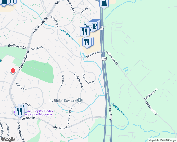 map of restaurants, bars, coffee shops, grocery stores, and more near 3107 Eagles Nest Drive in Bowie