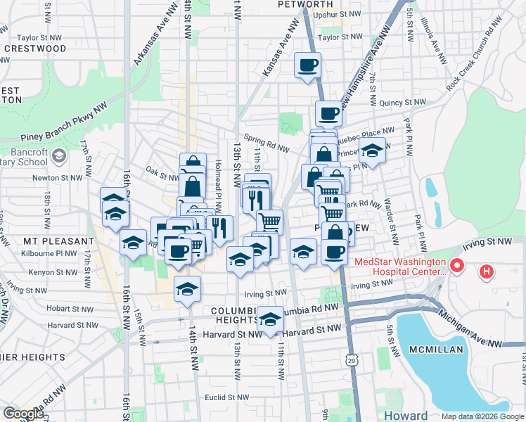 map of restaurants, bars, coffee shops, grocery stores, and more near 3415 11th Street Northwest in Washington