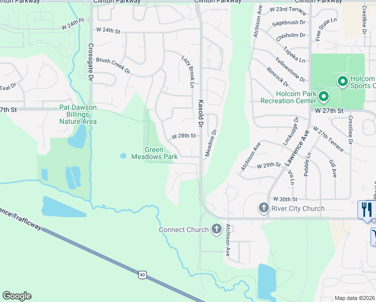 map of restaurants, bars, coffee shops, grocery stores, and more near 2800-2822 Winterbrook Circle in Lawrence