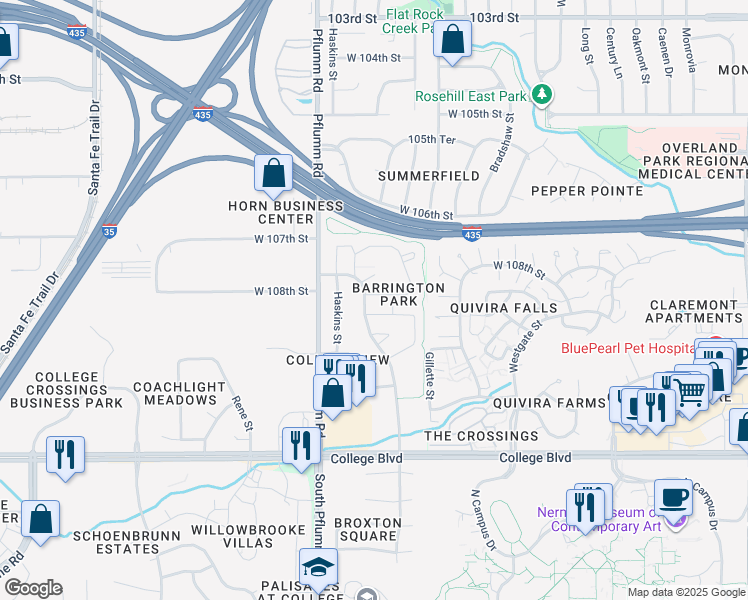 map of restaurants, bars, coffee shops, grocery stores, and more near 10825 Noland Court in Lenexa