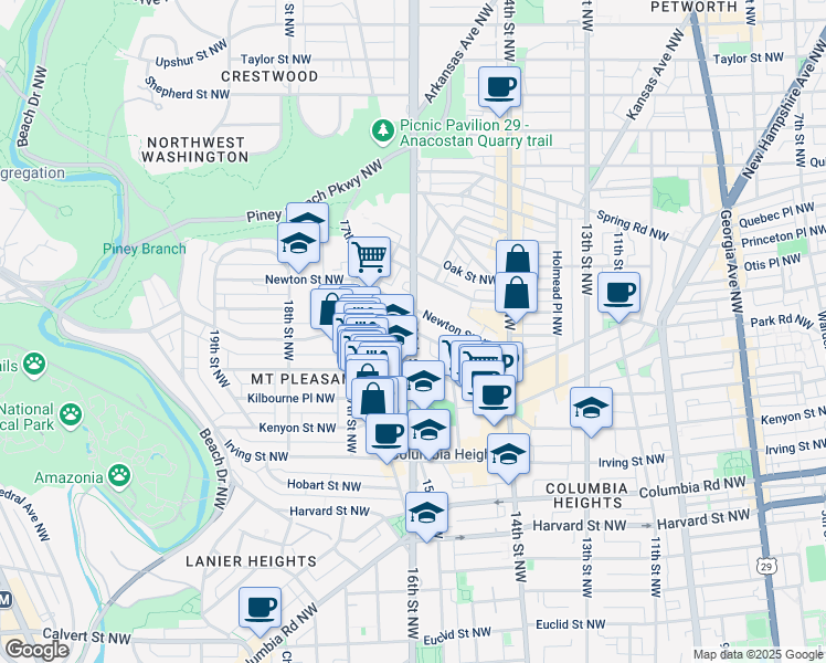 map of restaurants, bars, coffee shops, grocery stores, and more near 16th St NW & Monroe St NW in Washington