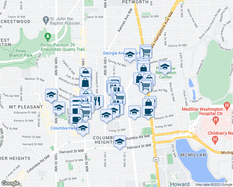 map of restaurants, bars, coffee shops, grocery stores, and more near 1020 Monroe Street Northwest in Washington