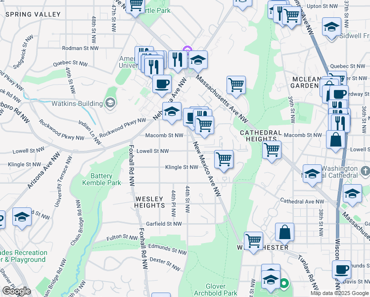 map of restaurants, bars, coffee shops, grocery stores, and more near 3200 44th Street Northwest in Washington