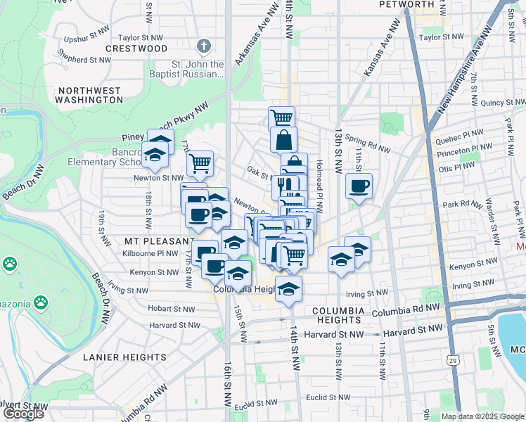 map of restaurants, bars, coffee shops, grocery stores, and more near 1495 Newton Street Northwest in Washington