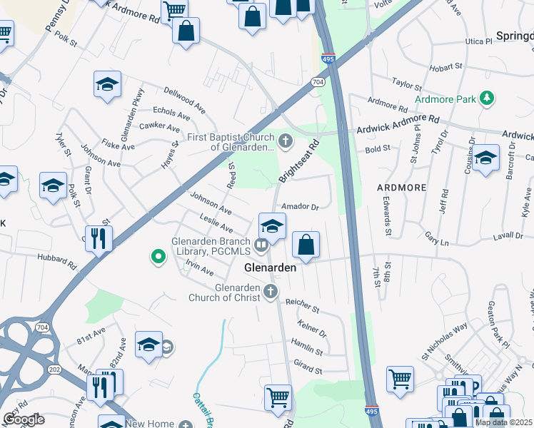 map of restaurants, bars, coffee shops, grocery stores, and more near 3508 Brightseat Road in Prince George's County