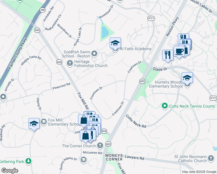 map of restaurants, bars, coffee shops, grocery stores, and more near 2520 Freetown Drive in Reston