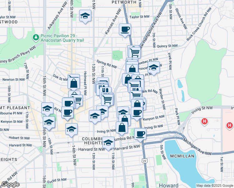 map of restaurants, bars, coffee shops, grocery stores, and more near 770 Park Road Northwest in Washington