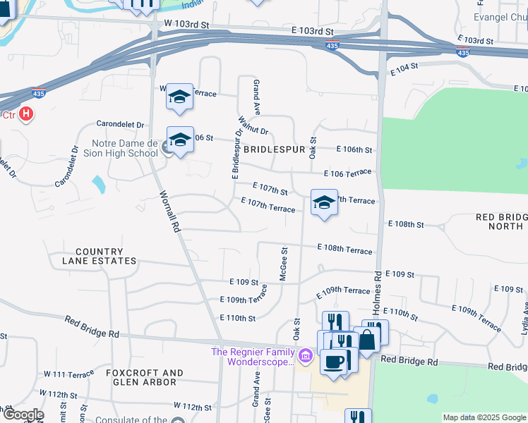 map of restaurants, bars, coffee shops, grocery stores, and more near 59 East 107th Terrace in Kansas City