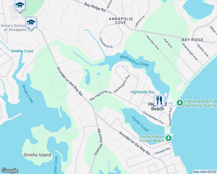map of restaurants, bars, coffee shops, grocery stores, and more near 1158 Bay Highlands Drive in Annapolis