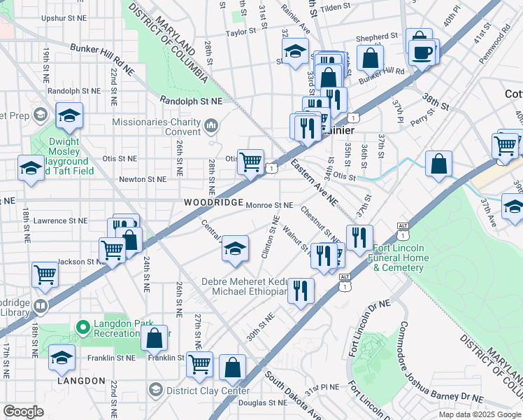 map of restaurants, bars, coffee shops, grocery stores, and more near 2853 Brentwood Road Northeast in Washington