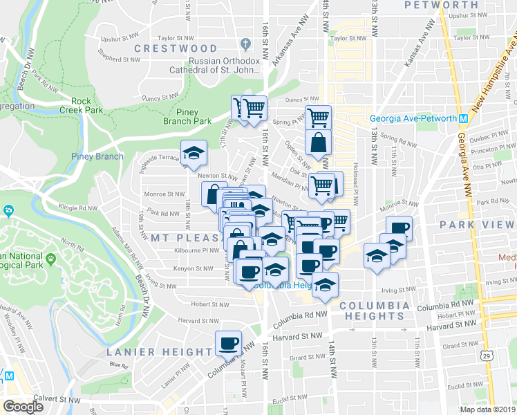 map of restaurants, bars, coffee shops, grocery stores, and more near 3340 16th Street Northwest in Washington