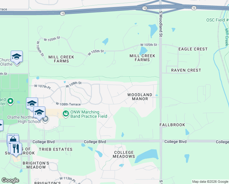 map of restaurants, bars, coffee shops, grocery stores, and more near 20440 West 107th Terrace in Olathe