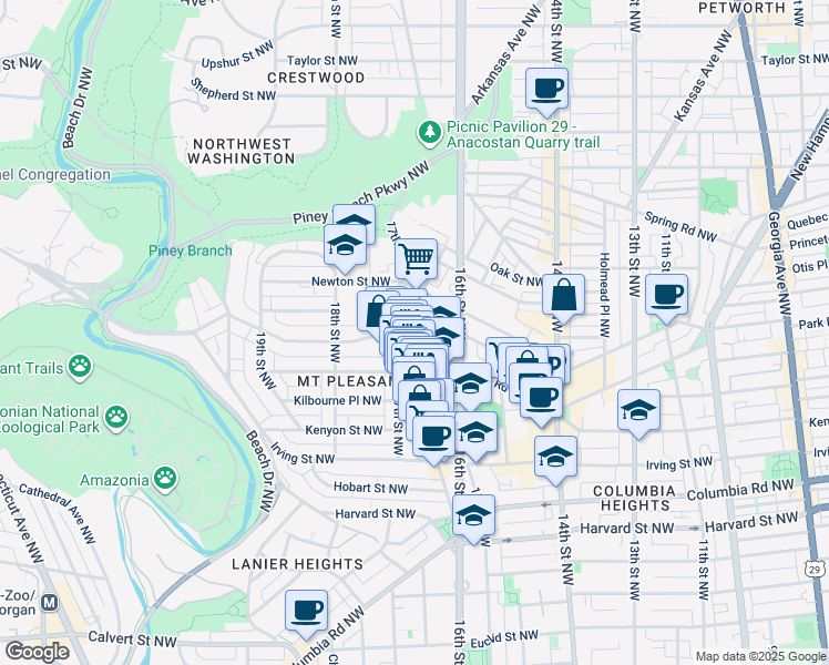 map of restaurants, bars, coffee shops, grocery stores, and more near 1661 Park Road Northwest in Washington