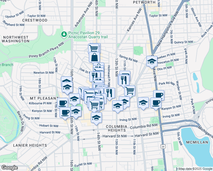 map of restaurants, bars, coffee shops, grocery stores, and more near 1343 Newton Street Northwest in Washington