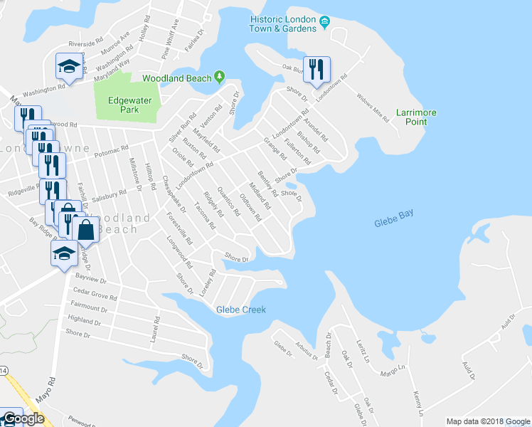 map of restaurants, bars, coffee shops, grocery stores, and more near 1647 Oldtown Road in Edgewater
