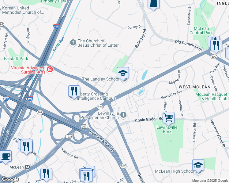 map of restaurants, bars, coffee shops, grocery stores, and more near 1437 Balls Hill Road in McLean