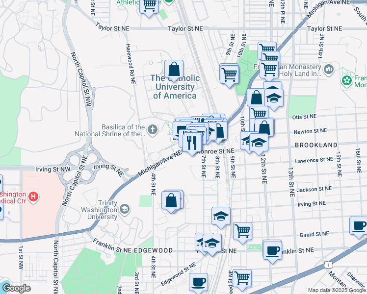 map of restaurants, bars, coffee shops, grocery stores, and more near 620 Michigan Avenue Northeast in Washington