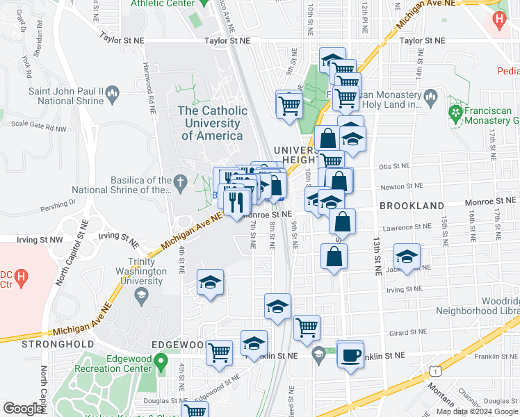 map of restaurants, bars, coffee shops, grocery stores, and more near 716 Monroe Street Northeast in Washington