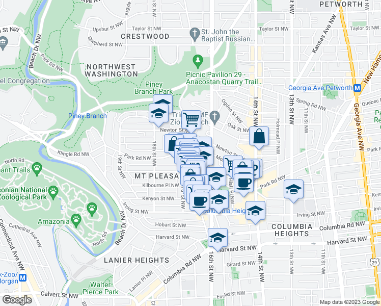 map of restaurants, bars, coffee shops, grocery stores, and more near 1661 Park Road Northwest in Washington