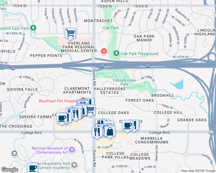 map of restaurants, bars, coffee shops, grocery stores, and more near 11777 West 108th Street in Overland Park
