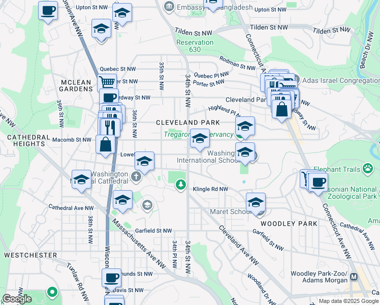 map of restaurants, bars, coffee shops, grocery stores, and more near 3301 Lowell Street Northwest in Washington