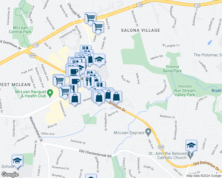 map of restaurants, bars, coffee shops, grocery stores, and more near 1528 Hampton Hill Circle in McLean