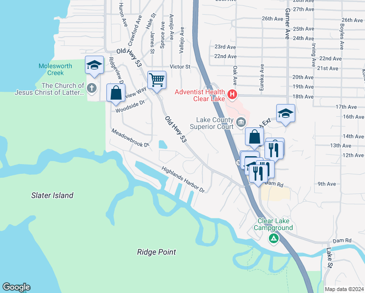 map of restaurants, bars, coffee shops, grocery stores, and more near 6945 Old Highway 53 in Clearlake
