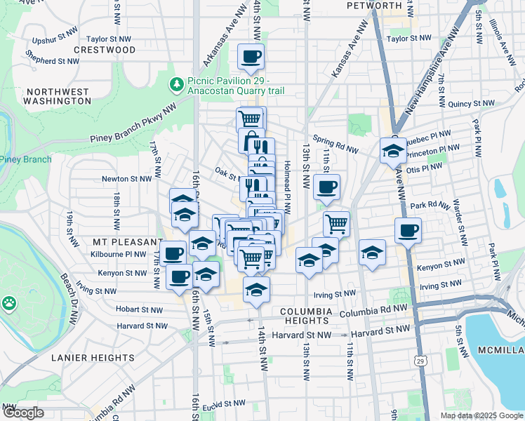 map of restaurants, bars, coffee shops, grocery stores, and more near 3431 14th Street Northwest in Washington, D.C.