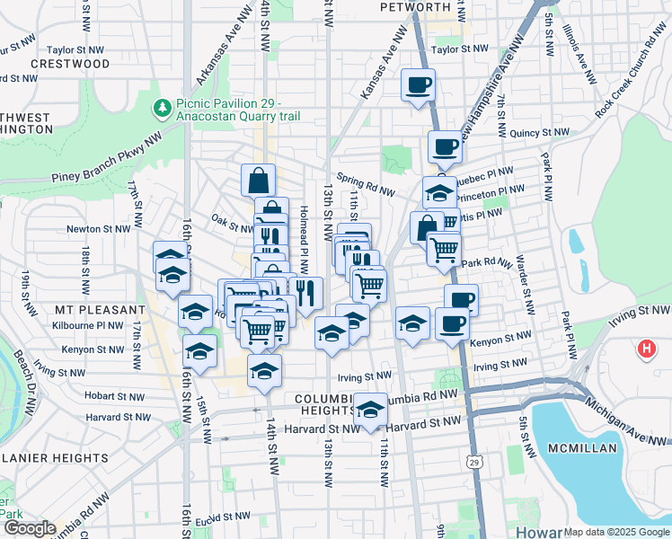 map of restaurants, bars, coffee shops, grocery stores, and more near 3501 13th Street Northwest in Washington