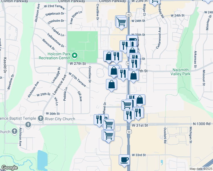 map of restaurants, bars, coffee shops, grocery stores, and more near 2505 Crestline Court in Lawrence