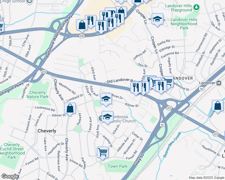 map of restaurants, bars, coffee shops, grocery stores, and more near 6315 Landover Road in Cheverly