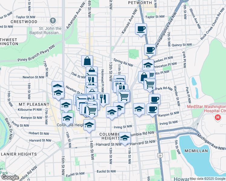 map of restaurants, bars, coffee shops, grocery stores, and more near 3501 13th Street Northwest in Washington