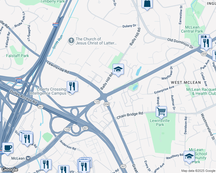map of restaurants, bars, coffee shops, grocery stores, and more near 1437 Balls Hill Road in McLean