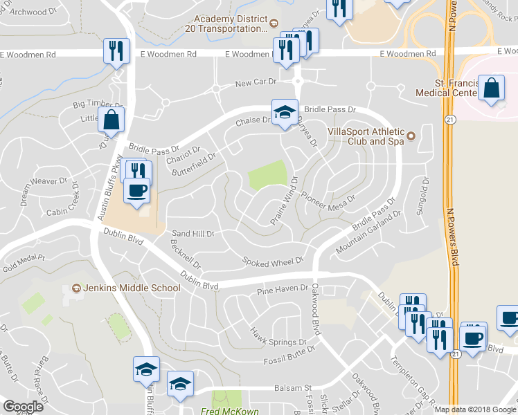 map of restaurants, bars, coffee shops, grocery stores, and more near 7034 Alcove Springs Drive in Colorado Springs