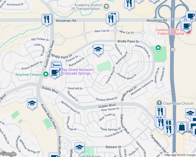 map of restaurants, bars, coffee shops, grocery stores, and more near 7016 Alcove Springs Drive in Colorado Springs