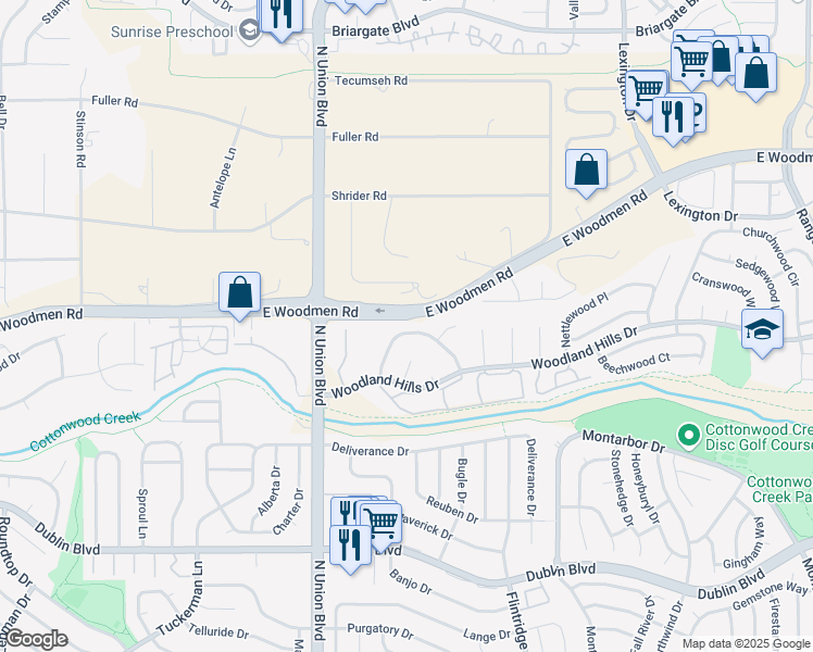 map of restaurants, bars, coffee shops, grocery stores, and more near 3020 Rolling Wood Loop in Colorado Springs