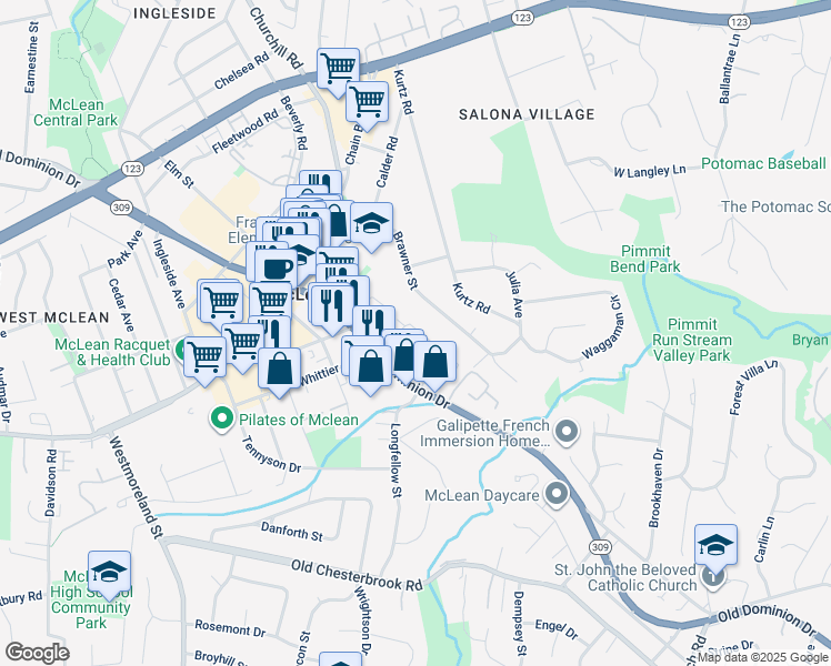 map of restaurants, bars, coffee shops, grocery stores, and more near 1528 Hampton Hill Circle in McLean