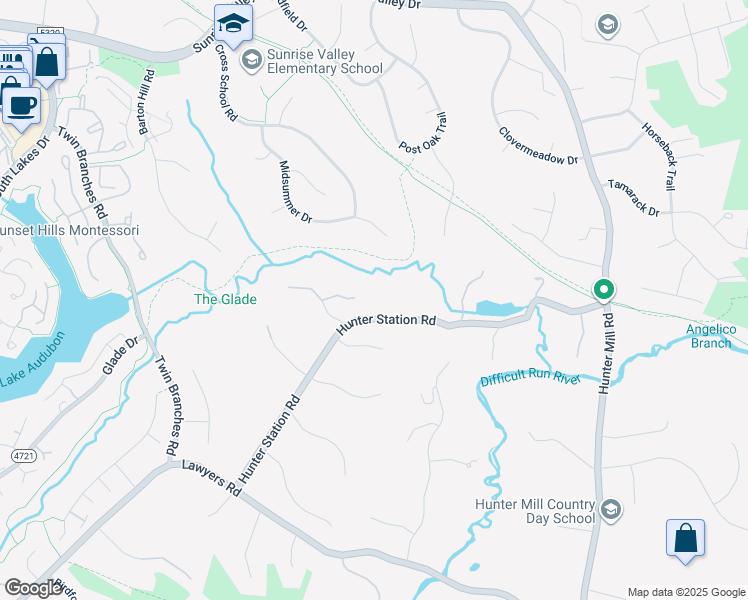 map of restaurants, bars, coffee shops, grocery stores, and more near 10620 Hunter Station Road in Vienna