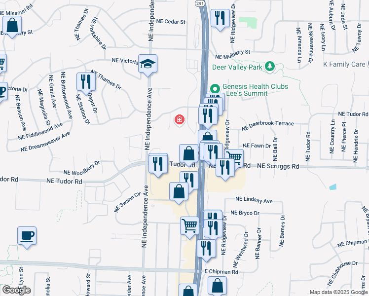 map of restaurants, bars, coffee shops, grocery stores, and more near 800 Northeast Tudor Road in Lee's Summit