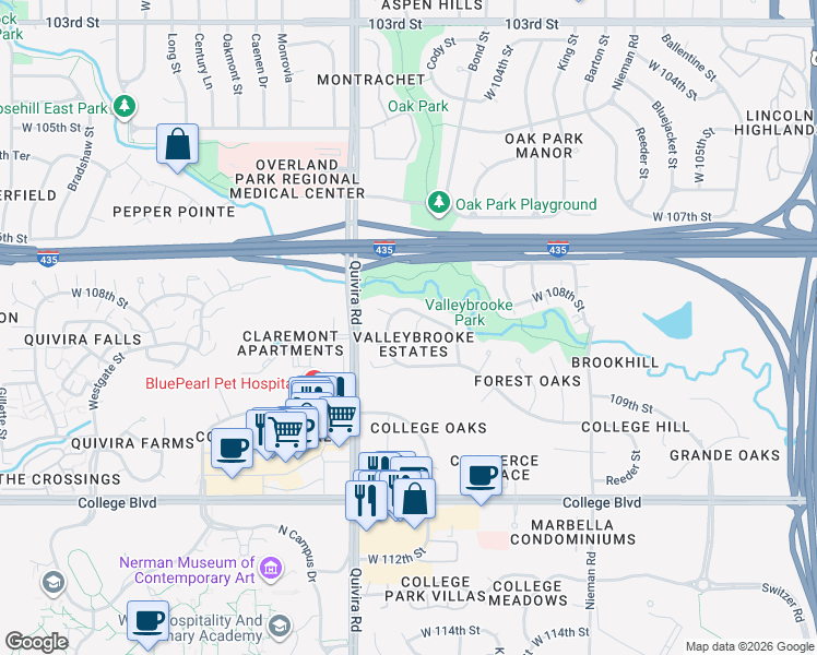 map of restaurants, bars, coffee shops, grocery stores, and more near 11777 West 108th Street in Overland Park