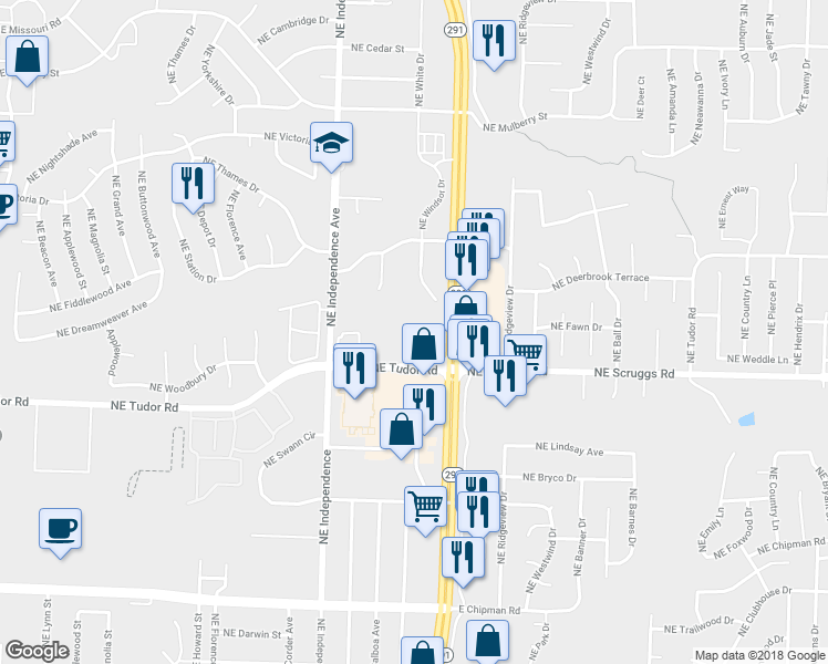 map of restaurants, bars, coffee shops, grocery stores, and more near 800 NE Tudor Rd in Lee's Summit