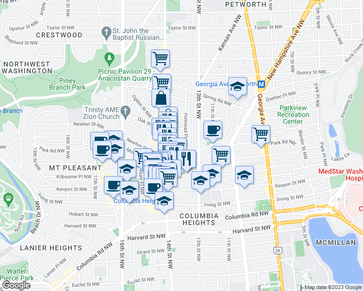 map of restaurants, bars, coffee shops, grocery stores, and more near 1343 Newton Street Northwest in Washington