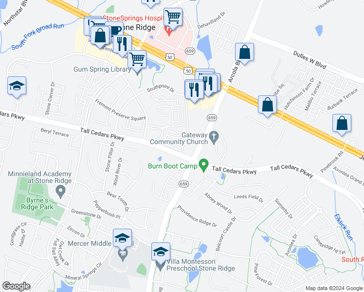 map of restaurants, bars, coffee shops, grocery stores, and more near 42307 Onyx Terrace in Aldie