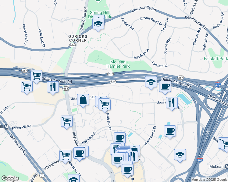 map of restaurants, bars, coffee shops, grocery stores, and more near 8200 Jones Branch Drive in Tysons