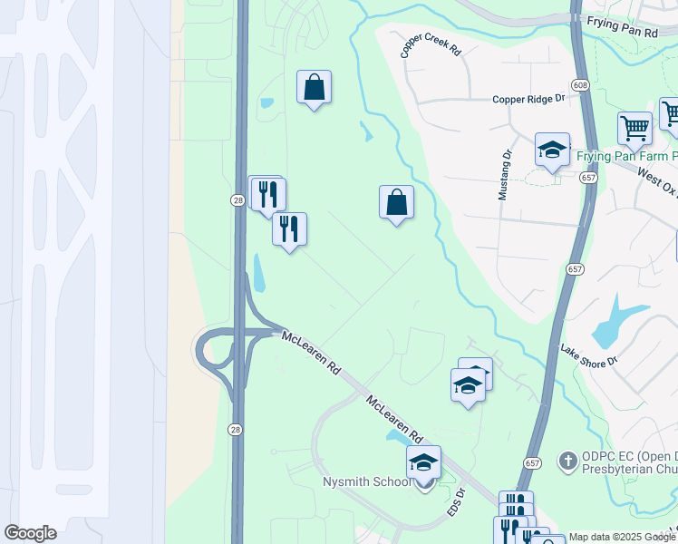 map of restaurants, bars, coffee shops, grocery stores, and more near 13850 Park Center Road in Herndon