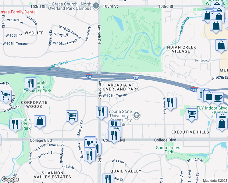 map of restaurants, bars, coffee shops, grocery stores, and more near 8400 West 108th Terrace in Overland Park