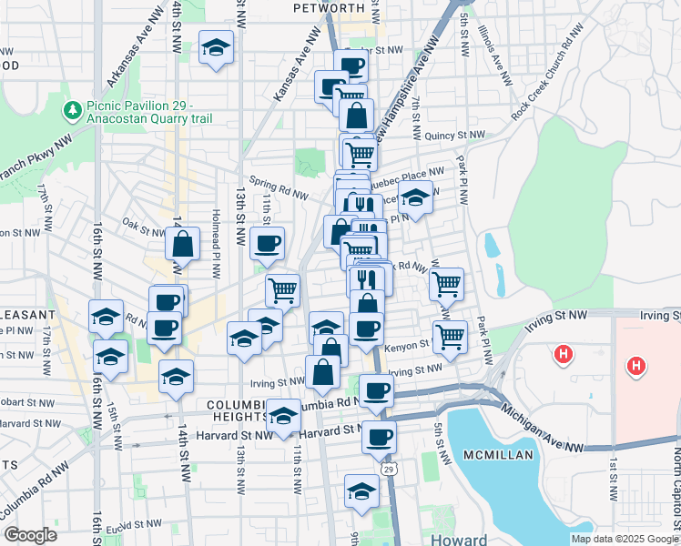 map of restaurants, bars, coffee shops, grocery stores, and more near 732 Park Road Northwest in Washington