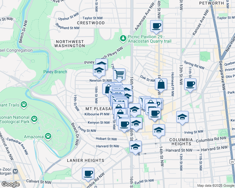 map of restaurants, bars, coffee shops, grocery stores, and more near 1669 Park Road Northwest in Washington